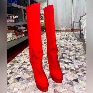 GUCCI Twill Larius Knee High Boots Heron Red